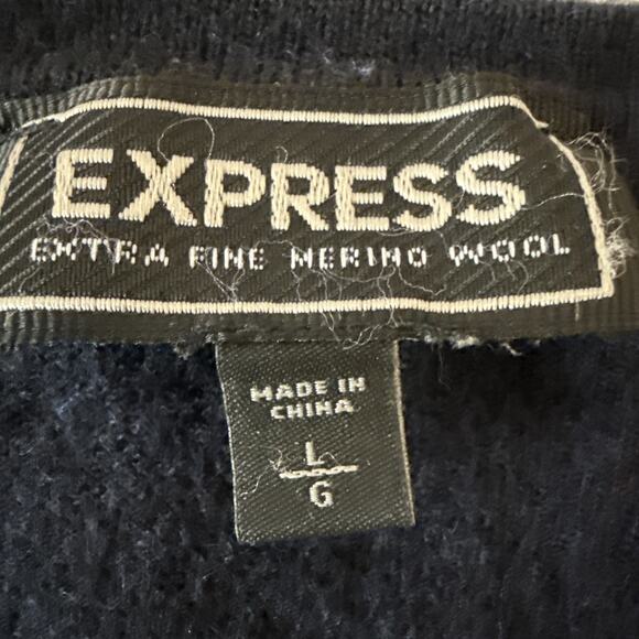 Express Women's L Preppy Merino Wool Navy Blue V Neck Sweater Academia Winter - Picture 3 of 8